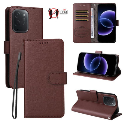 Brown litchi-texture RFID 3-card wallet phone case with wrist strap and folio cover