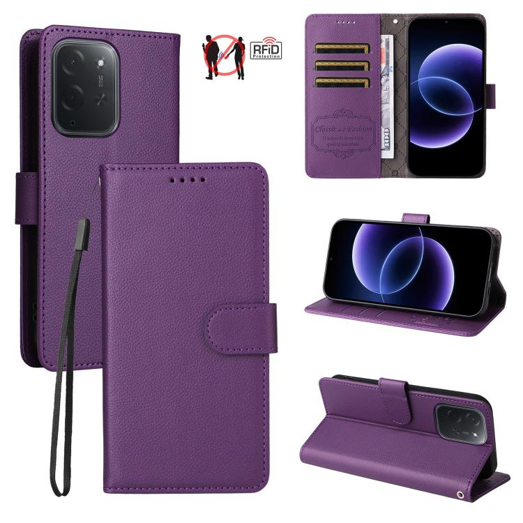 Purple litchi-texture RFID 3-card wallet phone case with wrist strap and folio cover