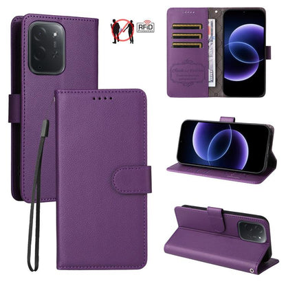Purple litchi-texture RFID 3-card wallet phone case with wrist strap and folio cover