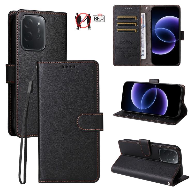 Black RFID wallet phone case with 3 card slots, textured finish, and wrist strap