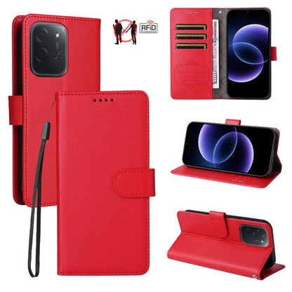 Red RFID wallet phone case with 3 card slots, textured finish, and wrist strap