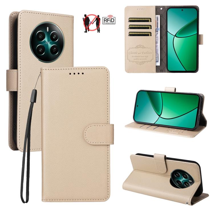 Beige textured leather phone wallet case with RFID card slots and flip stand.