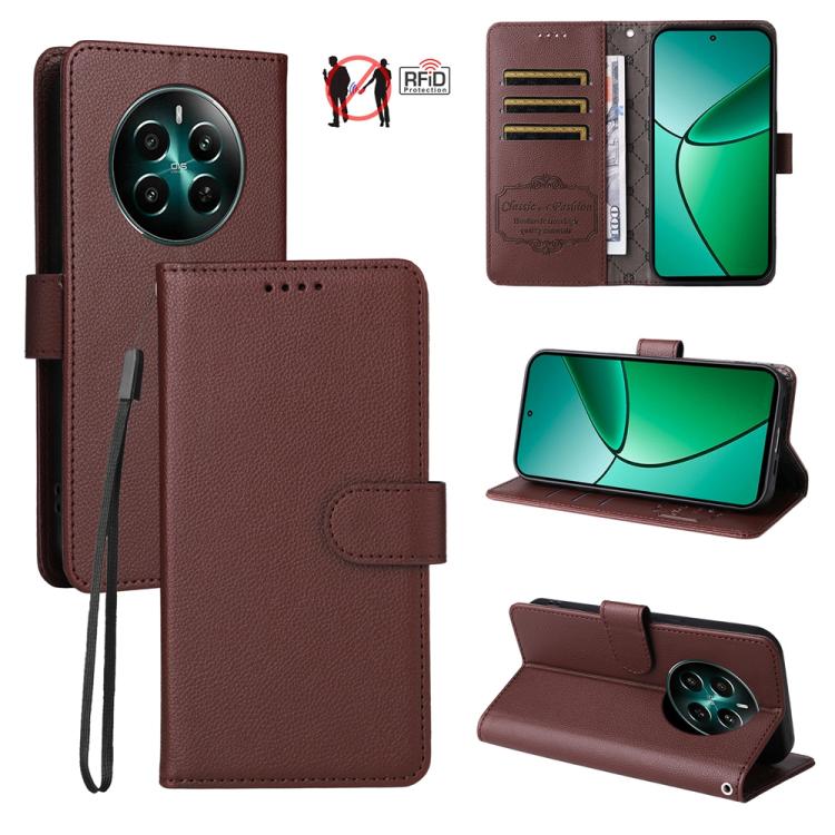 Brown textured leather phone wallet case with RFID card slots and flip stand.