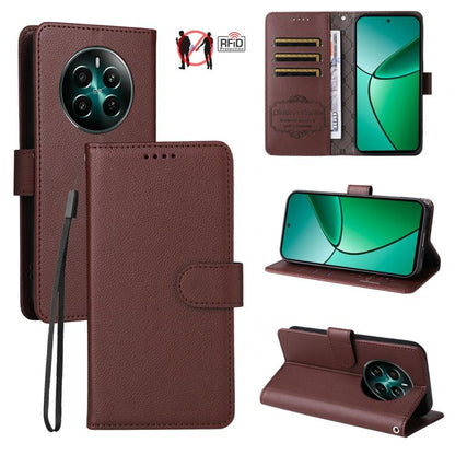 Brown textured leather phone wallet case with RFID card slots and flip stand.