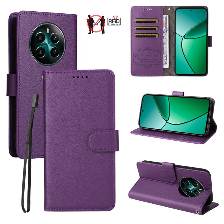 Purple textured leather phone wallet case with RFID card slots and flip stand.