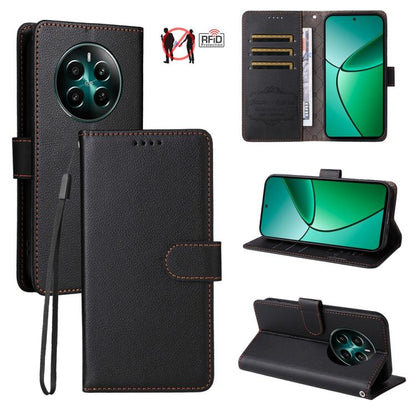 Black textured leather phone wallet case with RFID card slots and kickstand view.