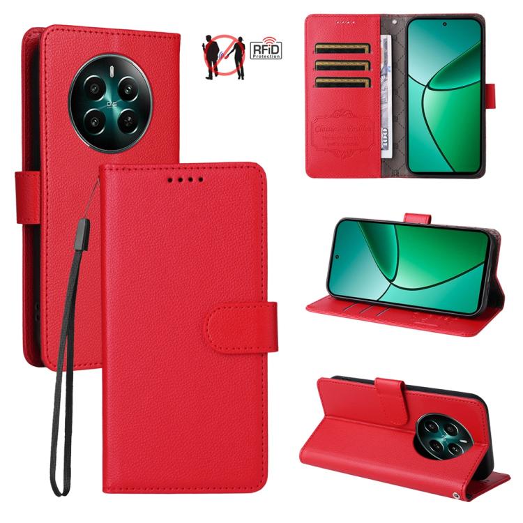 Red textured leather phone wallet case with RFID card slots and flip stand.