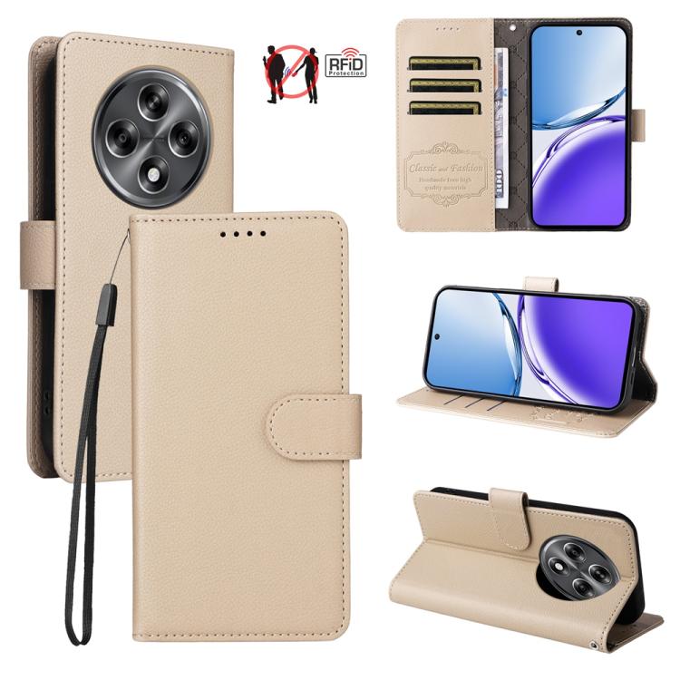 Beige textured leather wallet phone case with RFID card slots and fold-out stand