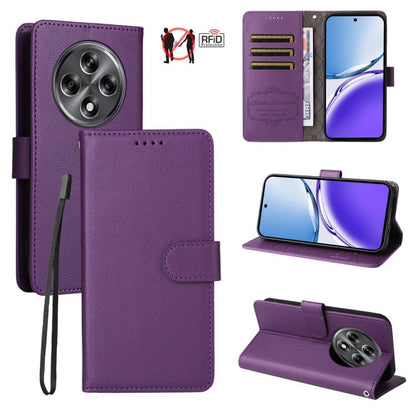 Purple textured leather wallet phone case with RFID card slots and magnetic flip stand
