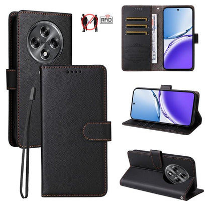 Black textured leather wallet phone case with wrist strap, RFID card slots, and stand