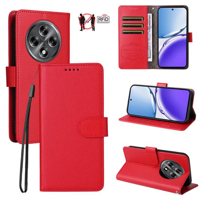 Red textured leather wallet phone case with RFID card slots and fold-out viewing stand