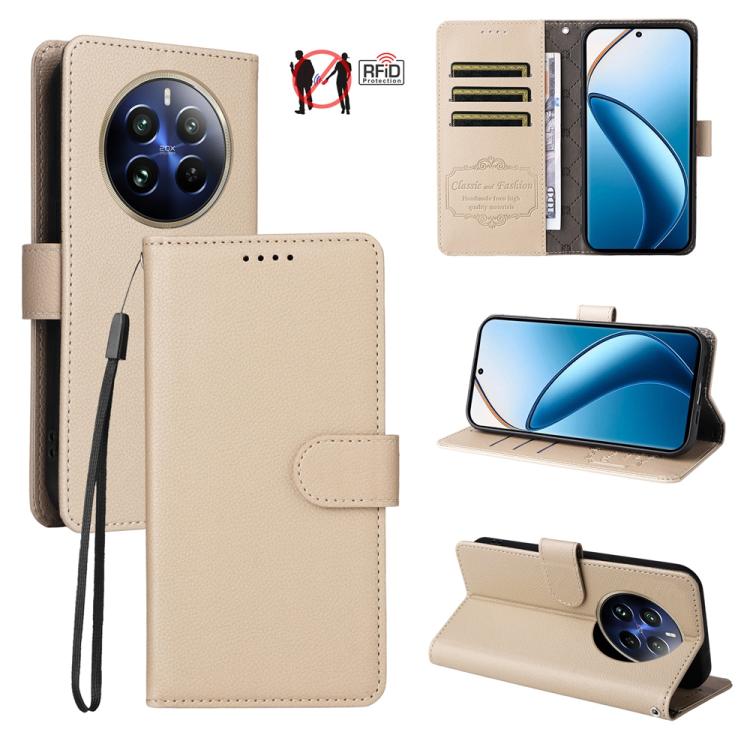 Beige leather-texture RFID wallet phone case with 3 card slots, phone holder view.