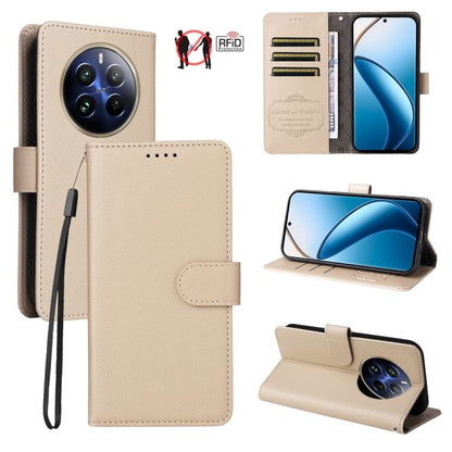 Beige leather-texture RFID wallet phone case with 3 card slots, phone holder view.
