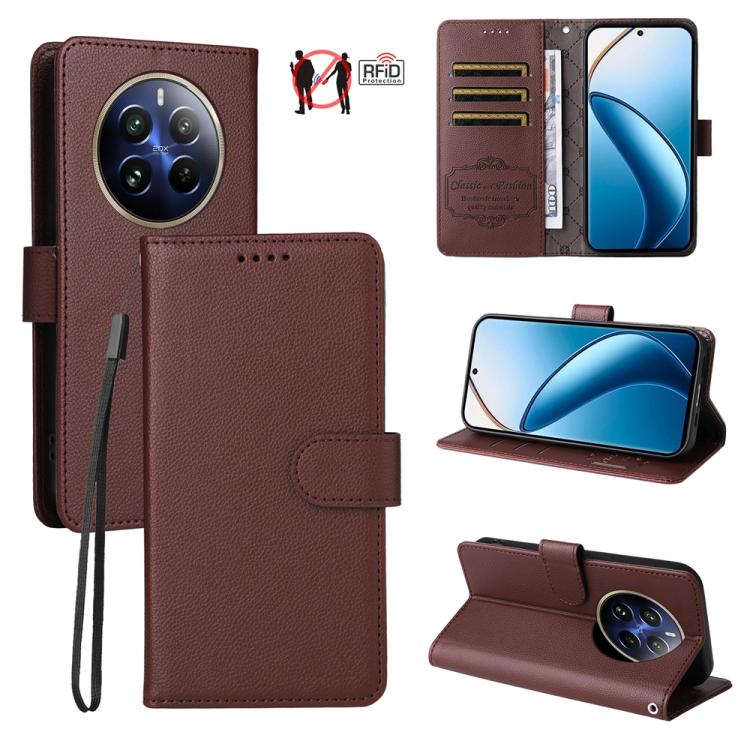 Brown leather-texture RFID wallet phone case with 3 card slots, phone holder view.
