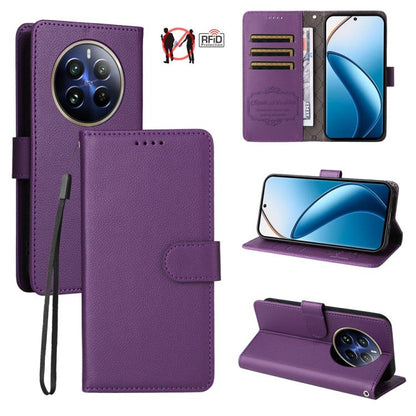 Purple leather-texture RFID wallet phone case with 3 card slots, phone holder view.