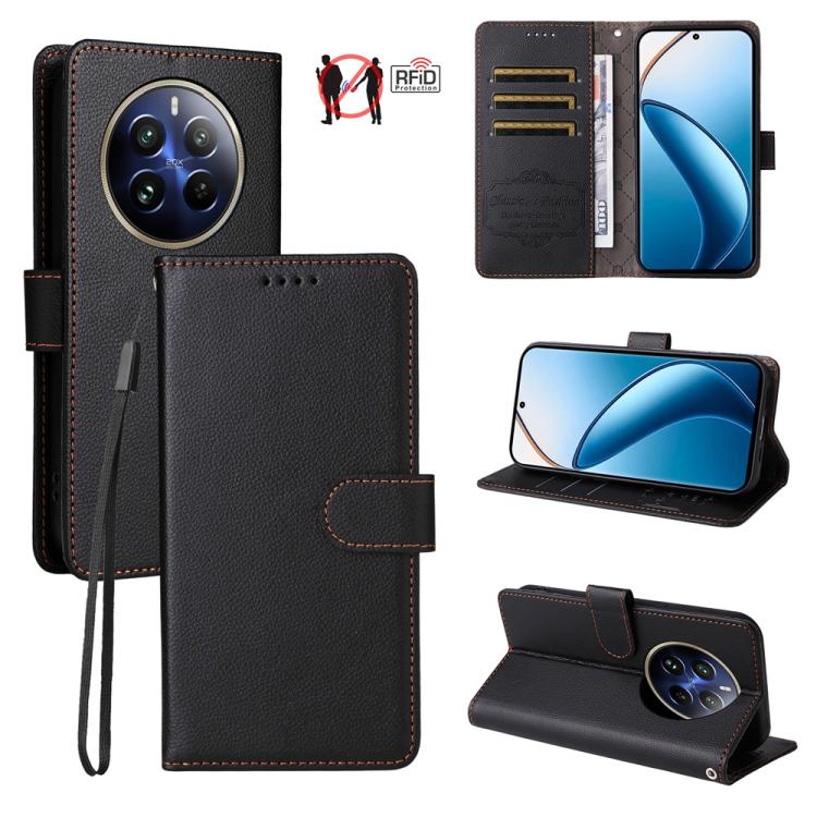 Dark textured leather phone wallet case with RFID card slots and flip stand.