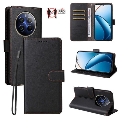 Dark textured leather phone wallet case with RFID card slots and flip stand.