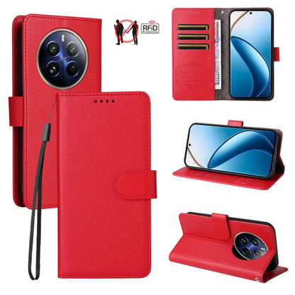 Red textured leather phone wallet case with RFID card slots, wrist strap, flip stand.