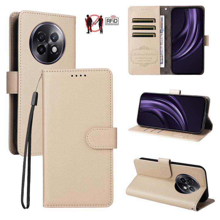 Beige leather-texture RFID wallet phone case with 3 card slots, flip stand.
