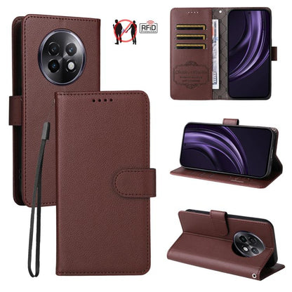 Brown leather-texture RFID wallet phone case with 3 card slots, flip stand.
