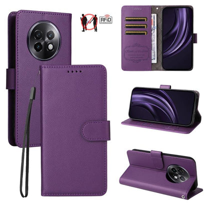 Purple leather-texture RFID wallet phone case with 3 card slots, flip stand.