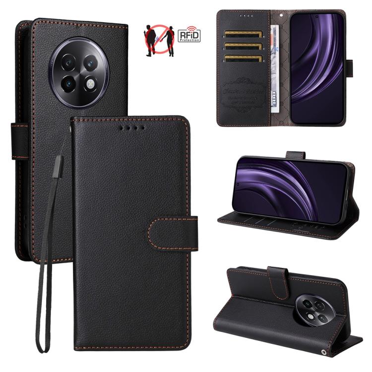 Black leather-texture RFID wallet phone case with 3 card slots, phone holder view.