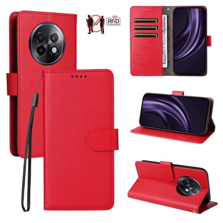 Red leather-texture RFID wallet phone case with 3 card slots, phone holder view.