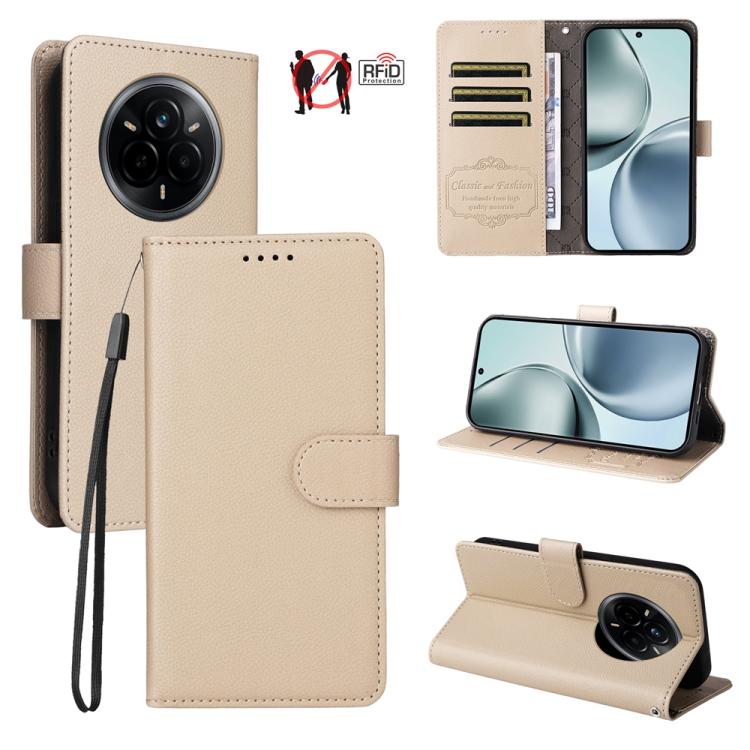 Beige litchi-textured wallet phone case with RFID card slots and fold-out kickstand