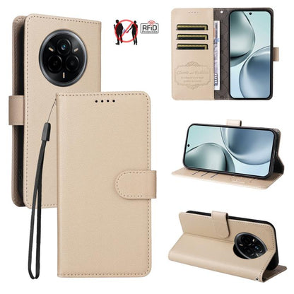 Beige litchi-textured wallet phone case with RFID card slots and fold-out kickstand
