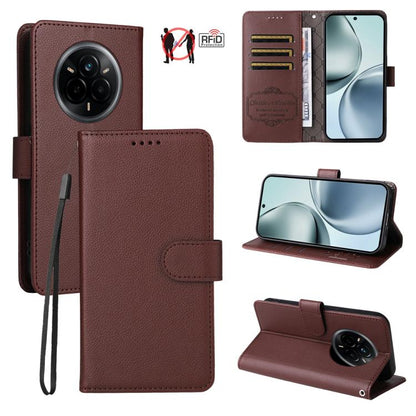 Brown litchi-textured wallet phone case with RFID card slots and fold-out kickstand