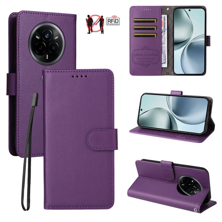 Purple litchi-textured wallet phone case with RFID card slots and fold-out kickstand