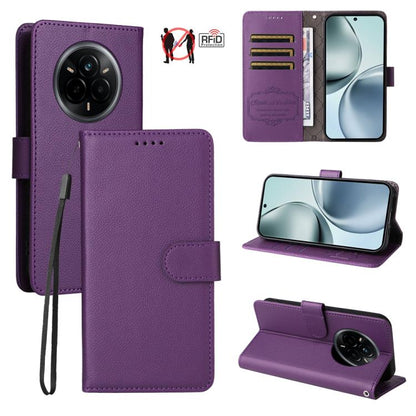 Purple litchi-textured wallet phone case with RFID card slots and fold-out kickstand