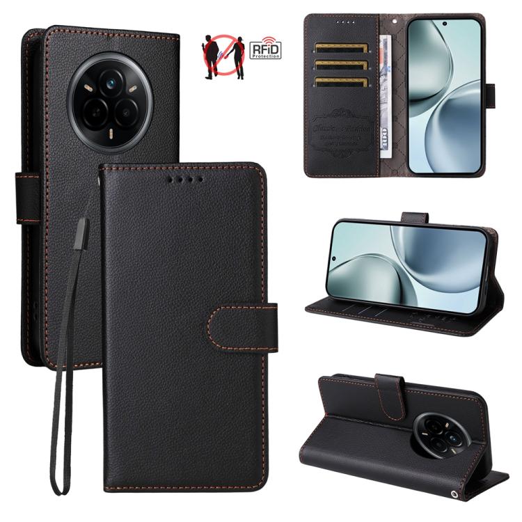 Black textured leather wallet phone case with RFID card slots and flip stand