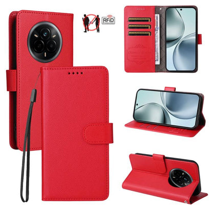 Red textured leather wallet phone case with RFID card slots and magnetic flip stand