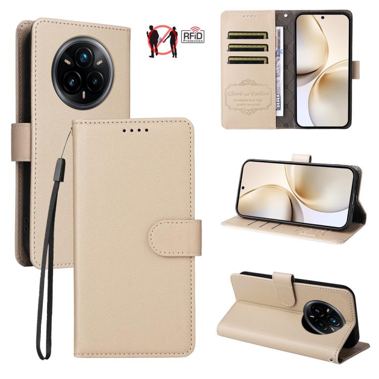 Beige litchi-textured wallet phone case with RFID card slots, wrist strap, kickstand