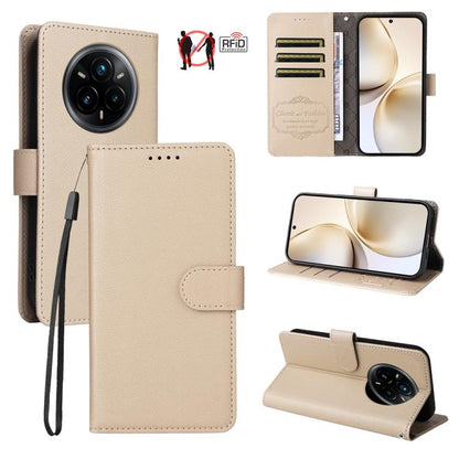 Beige litchi-textured wallet phone case with RFID card slots, wrist strap, kickstand