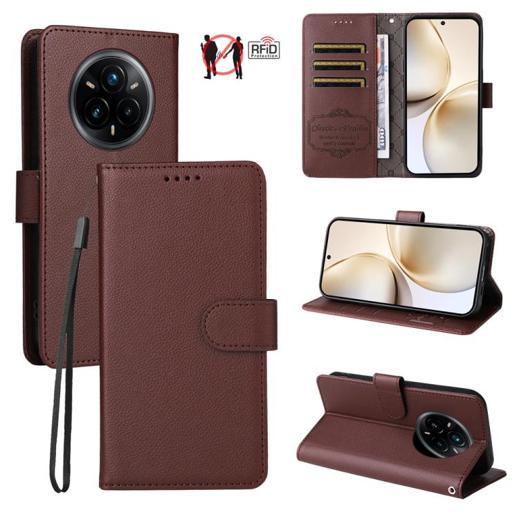 Brown litchi-textured wallet phone case with RFID card slots, wrist strap, kickstand