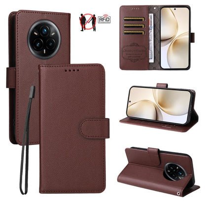 Brown litchi-textured wallet phone case with RFID card slots, wrist strap, kickstand