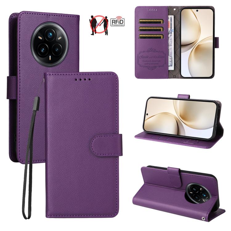 Purple litchi-textured wallet phone case with RFID card slots, wrist strap, kickstand