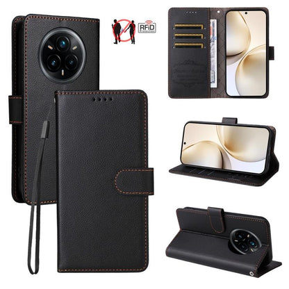 Black litchi-textured wallet phone case with RFID card slots and fold-out kickstand