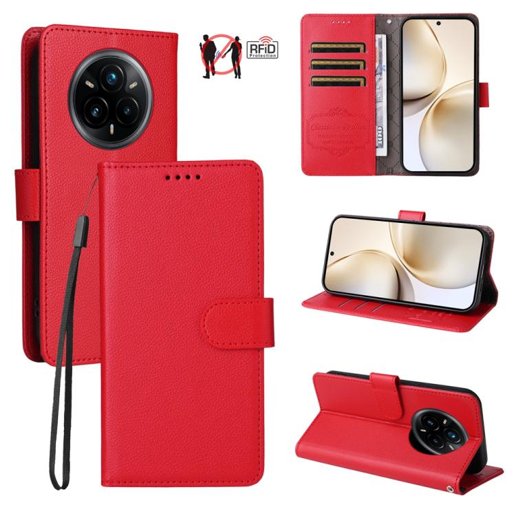 Red litchi-textured wallet phone case with RFID card slots and fold-out kickstand
