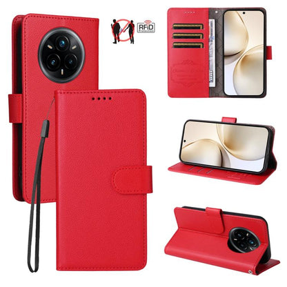 Red litchi-textured wallet phone case with RFID card slots and fold-out kickstand