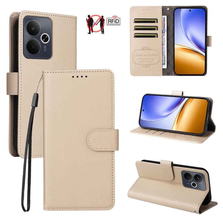 Beige litchi-texture RFID wallet phone case with flip cover, card slots, and stand