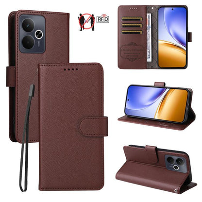 Dark brown litchi-texture RFID wallet phone case with flip cover and card slot panel