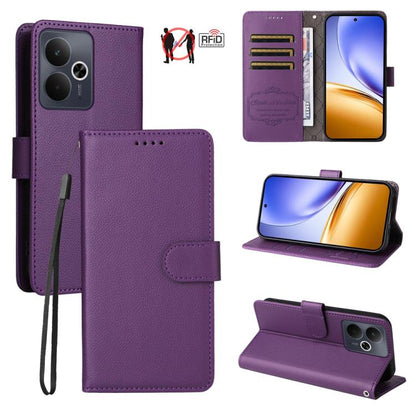 Purple litchi-texture RFID wallet phone case with flip cover, card slots, and wrist strap
