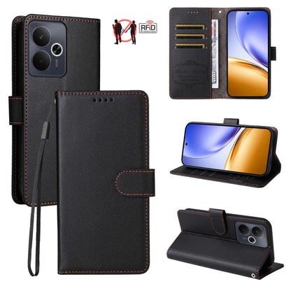 Black litchi-textured wallet phone case with RFID card slots, wrist strap, kickstand