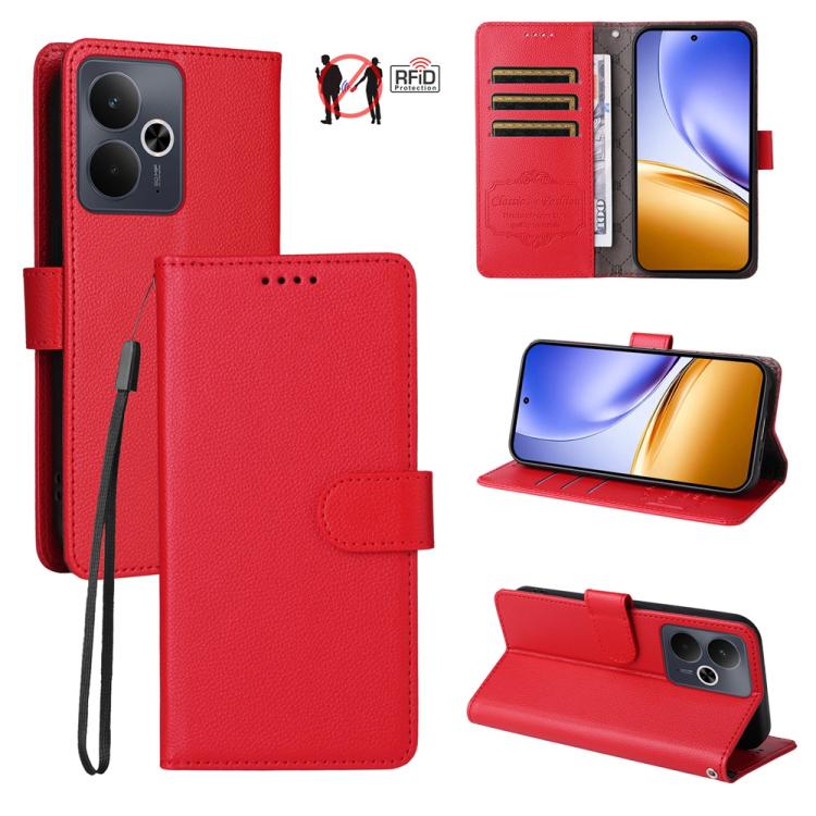 Red litchi-textured wallet phone case with RFID card slots, wrist strap, kickstand