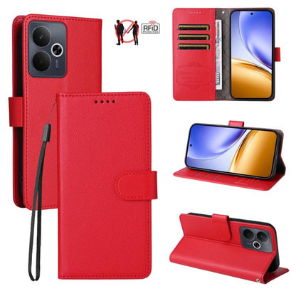 Red litchi-textured wallet phone case with RFID card slots, wrist strap, kickstand