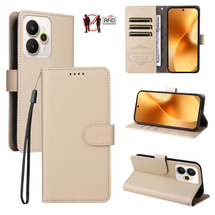 Beige leather wallet phone case with RFID card slots, lanyard, and folio stand