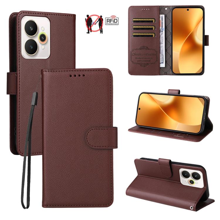 Brown leather wallet phone case with RFID card slots, lanyard, and folio stand